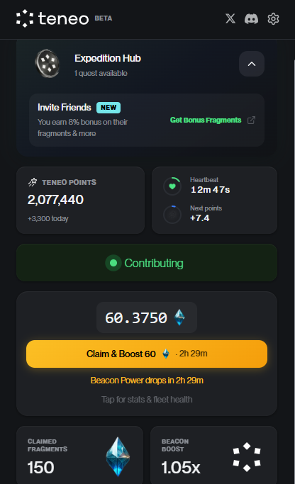 🚀 Teneo Protocol Beacon (BETA) is now live for everyone.

Earn more with 2x points, Fragments, multi-device support, referrals, and Expedition Hub quests ✨

if the extension was the start, Beacon is the real upgrade.

Start here 👇
hub.teneo.pro/signup?ref=HKX…
download Teneo Beacon