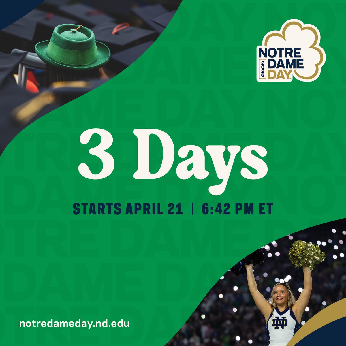 T-minus 72 hours until we kick off Notre Dame Day 2026! 🚀

Make your gift early and check out the 1,000+ Notre Dame causes competing for $500k in prize funds at notredameday.nd.edu