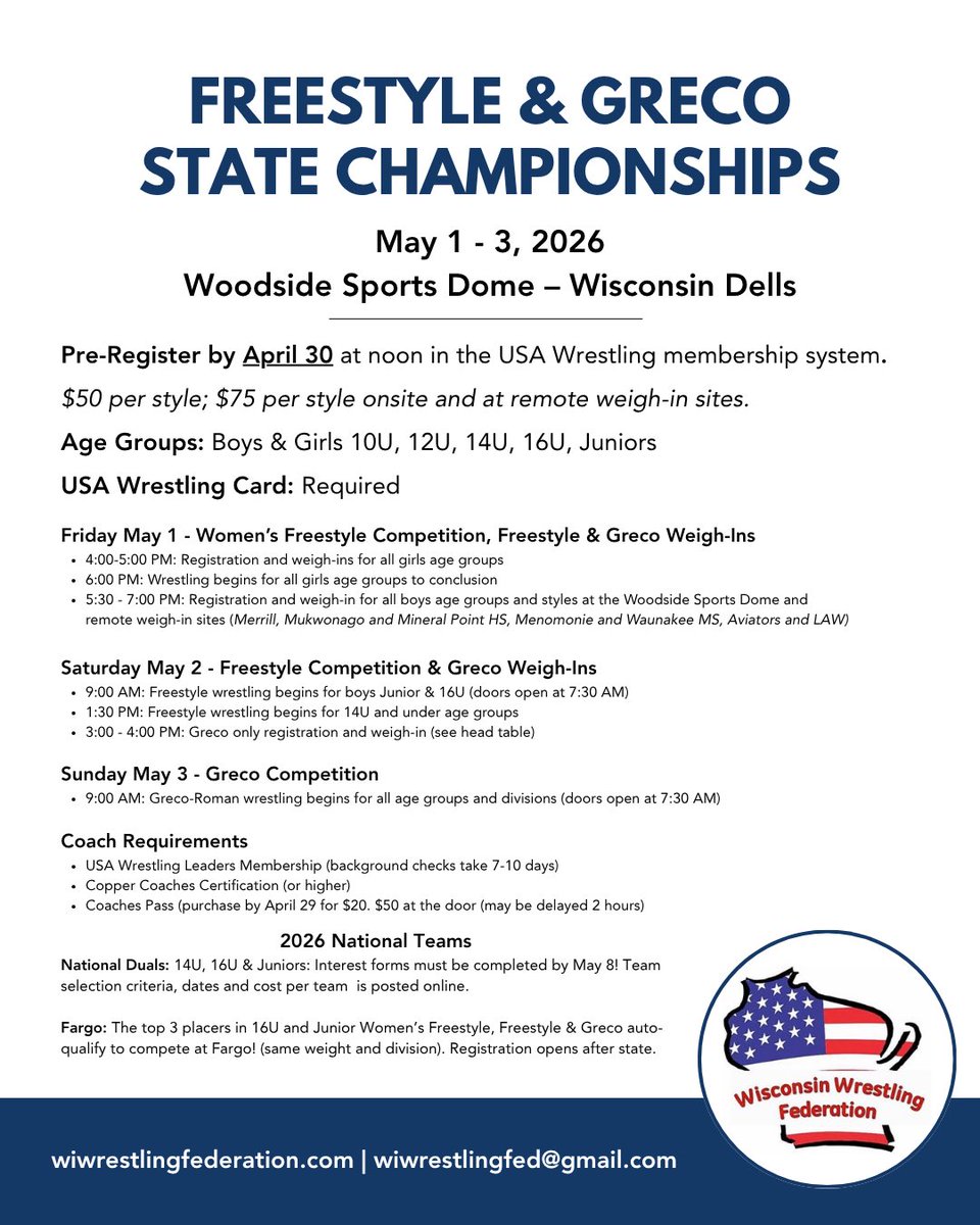Freestyle Clinic this morning in Richland Center with 16U freestyle head coach Newton Smerchek! Next stop: WI Dells for back-to-back weekends 💥

Beginners Freestyle/Greco State | April 25: usawmembership.com/usaw_events/26…

Freestyle/Greco State | May 1-3: usawmembership.com/usaw_events/26…