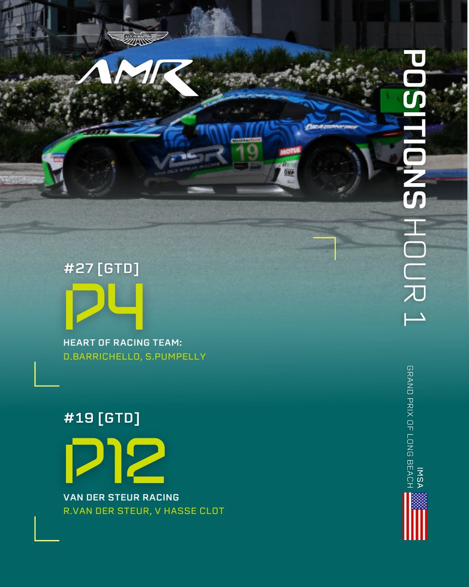 AMR_Official's tweet image. One hour down at Long Beach and Valkyrie's on the fightback while Vantage is eyeing the podium.

#AstonMartin #ValkyrieHypercar #Vantage #IMSA