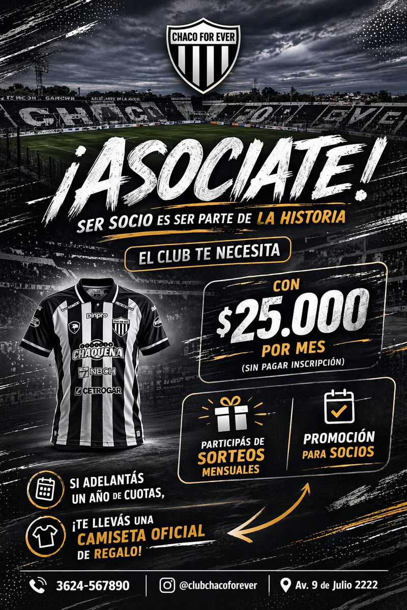 ☑️ ASOCIATE | FORMA PARTE DE LA HISTORIA 

✍🏽 Por solo $25.000 por mes, podés formar parte de la vida del club, participar de sorteos mensuales y acceder a diferentes promociones.

🎁 Si adelantas un año de tus cuotas, te llevas una camiseta oficial de regalo 

➡️ Acércate al