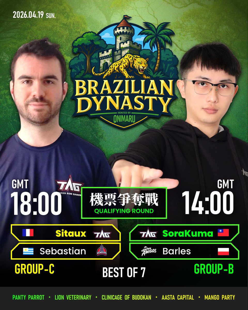 twaoegamer's tweet image. ✈️The Road to Brazil 🇧🇷

Two TAG players, 
@TAG_SoraKuma 🇹🇼 and @Sitaux 🇫🇷, will be battling it out tonight for a ticket to Brazil!

Come and cheer them on! 💪

#TAG #aoe2