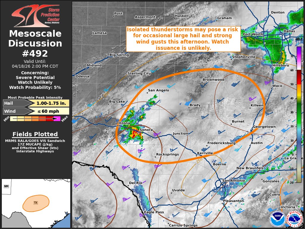 NWSSPC's tweet image. 12:05pm CDT #SPC_MD 0492 , #txwx, spc.noaa.gov/products/md/md…