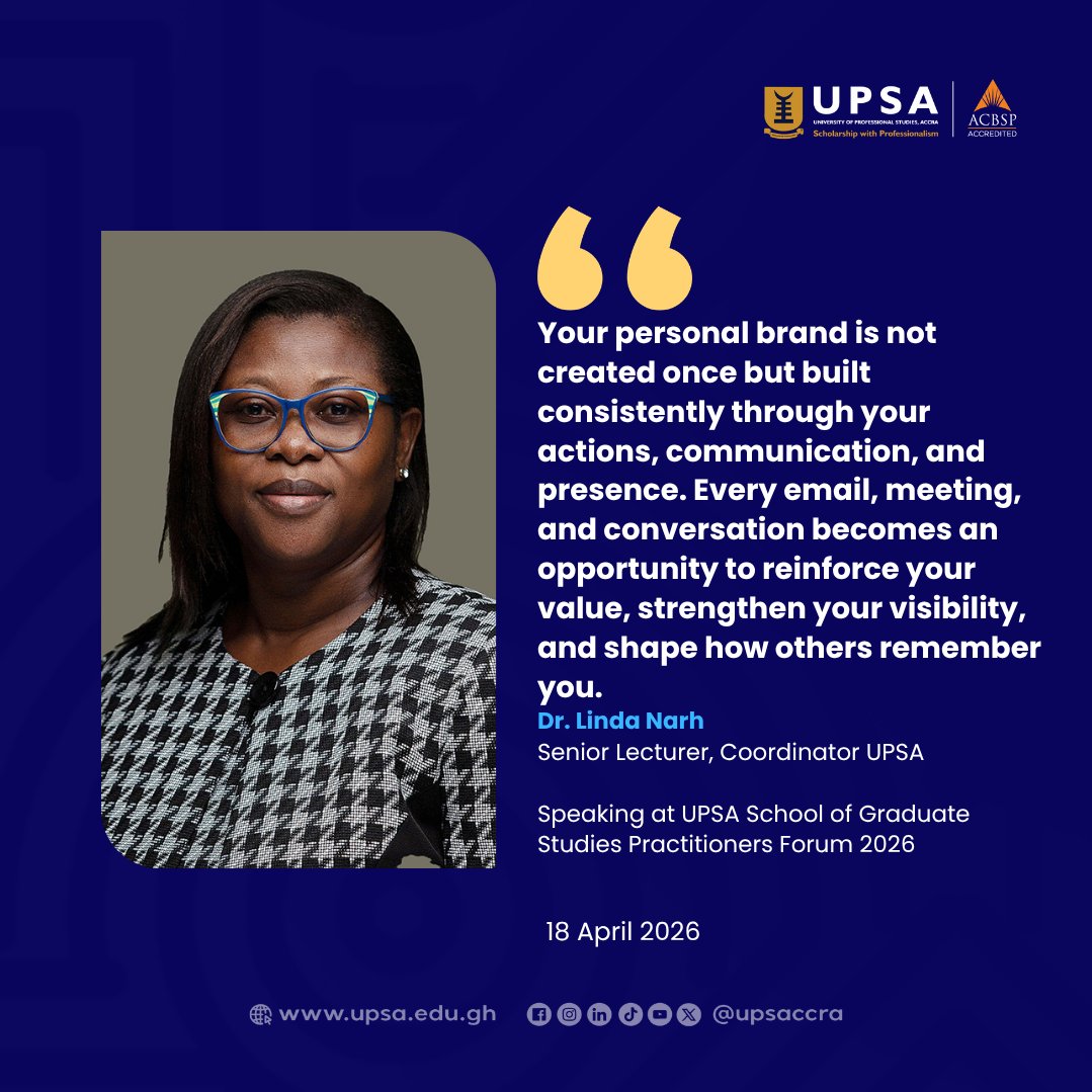 upsaccra's tweet image. Dr. Linda Narh highlights professionalism and personal branding as keys to career success at #UPSA #SGSPractitionersForum2026 #CareerSuccess #Leadership