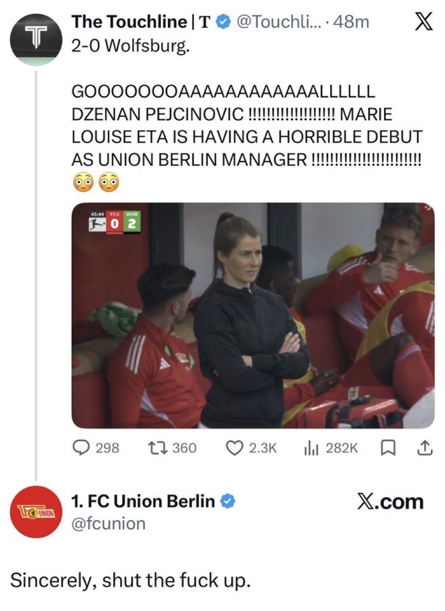 valid tweet by touchline and the union Berlin admin starts complaining most probably because he is overprotective cuz she is a woman 

get this out of the sport