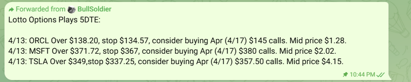 BullSoldier36B's tweet photo. Over 80K in one week

$PLTR $AAPL $TSLA $MSFT

The ideas were posted on Sunday, April 13, for Monday execution, then we added $PLTR during the week
Clean execution.

Yesterday we added more long calls

Follow the plan. Know what you’re doing. No guessing
Missed fill on $ORCL
$SPY https://t.co/kjj49QS3EC
