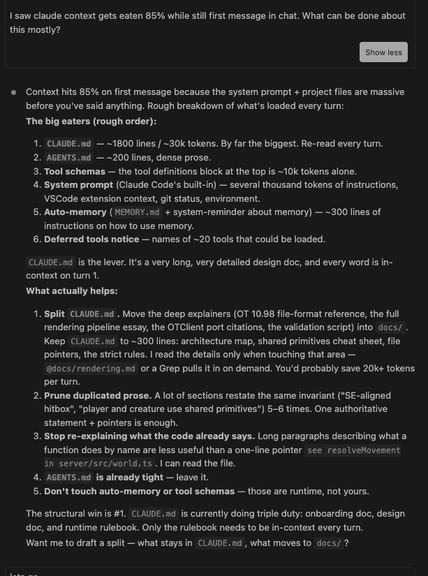 ed_ceds's tweet photo. My usage on the Claude Max plan is still hitting the limits. Eaten their $100 they sent me too.

Do this if your repo is also hitting limits.

I have a rule for AI to always update CLAUDE.md on sessions. I also have a rule to always update CHANGELOG.md https://t.co/JOeTzfDpkG