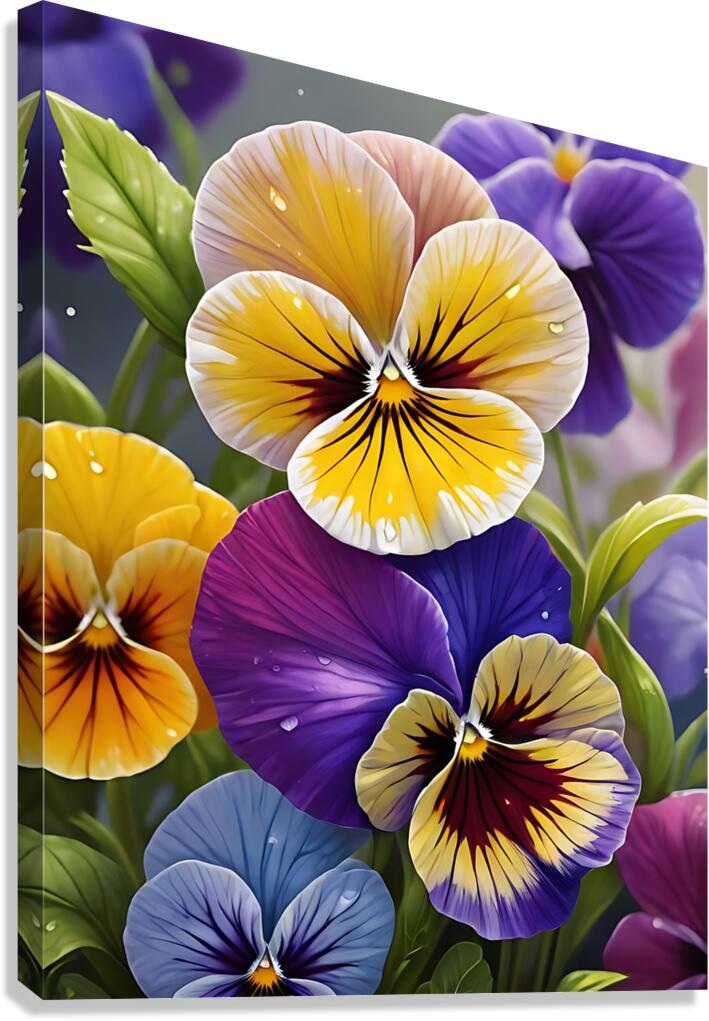 Esmonbijouart's tweet image. Brighten your space with Pansies Flowers 3! Vibrant print of yellow and purple pansies with morning dew. Perfect for adding color to any room. Available at Esmonbijouart. #BotanicalArt #SpringVibes #Pansies #HomeDecor