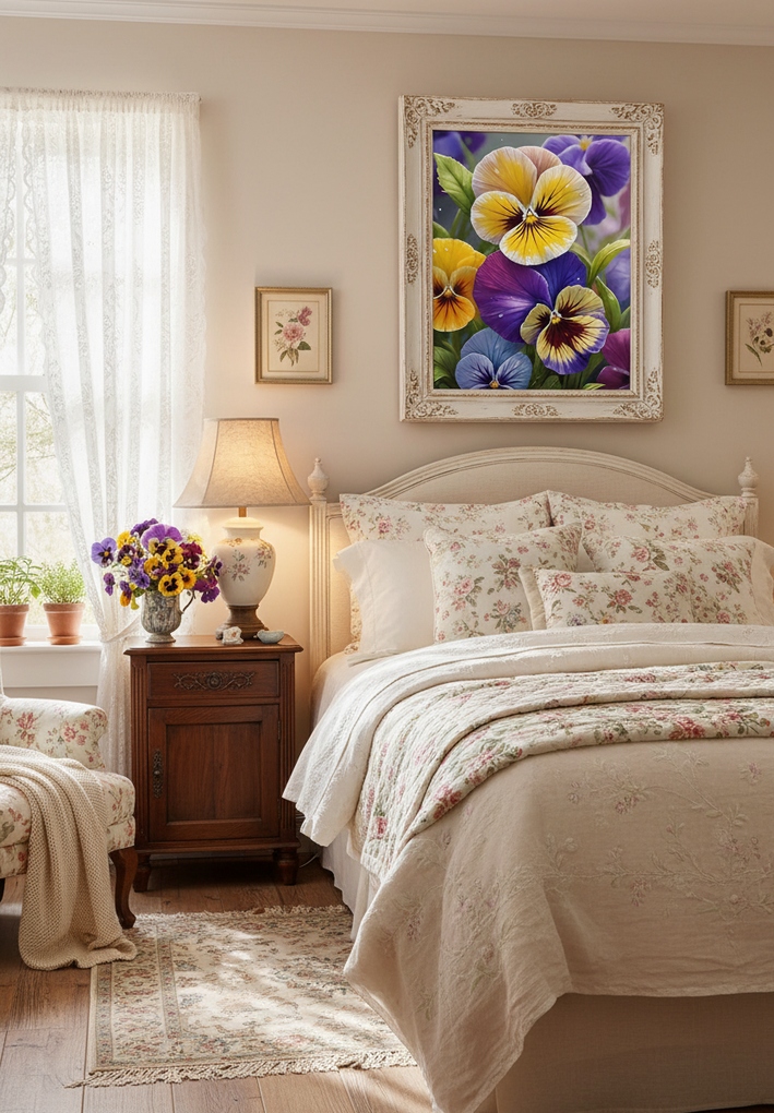 Esmonbijouart's tweet image. Brighten your space with Pansies Flowers 3! Vibrant print of yellow and purple pansies with morning dew. Perfect for adding color to any room. Available at Esmonbijouart. #BotanicalArt #SpringVibes #Pansies #HomeDecor