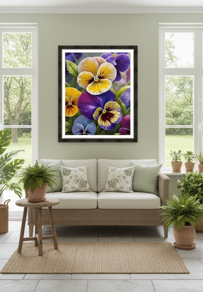 Esmonbijouart's tweet image. Brighten your space with Pansies Flowers 3! Vibrant print of yellow and purple pansies with morning dew. Perfect for adding color to any room. Available at Esmonbijouart. #BotanicalArt #SpringVibes #Pansies #HomeDecor