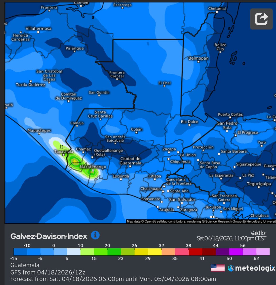 ClimaenGuate's tweet photo. Retorno de viento sur provocará fuerte calentamiento especialmente en el norte y oriente del país (35 - 40c o más).

Ojo, aumenta probabilidad de lluvia en suroriente, no se descartan lluvias y tormentas en suroccidente y bocacosta, algunas aisladas al sur de la meseta central y en sectores de occidente.

En la tarde el viento sur se acelera refrescando bastante en el centro y occidente.