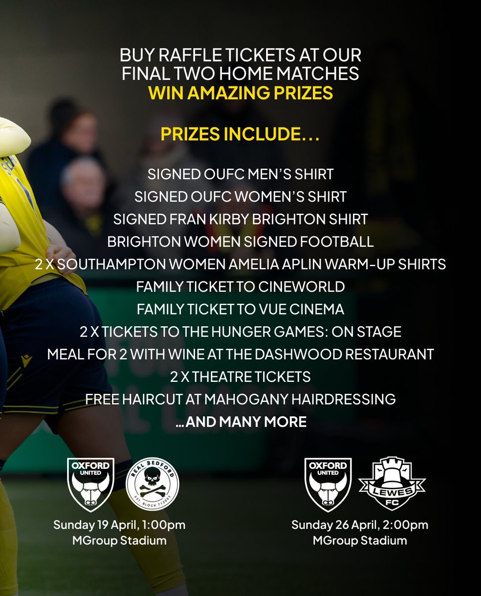 We're holding a charity raffle at our final two home matches in memory of Girls’ Academy keeper Amelia Aplin. Tickets sold at both games to raise funds for Cardiac Risk in the Young (organised by Amelia’s parents). 

Prizes include signed OUFC men’s &amp; women’s shirts and a signed