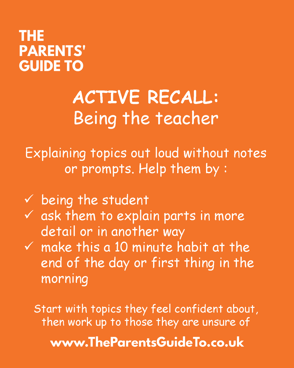 Parentsguideto's tweet image. ... #Exams

#ActiveRecall is one of the most effective revision techniques, but many teens don’t use it. Encourage your teen to test themselves, not just re‑read or re-write notes.

Join Parent Club for more in depth advice: theparentsguideto.co.uk
#StudyTechniques #ParentingTips