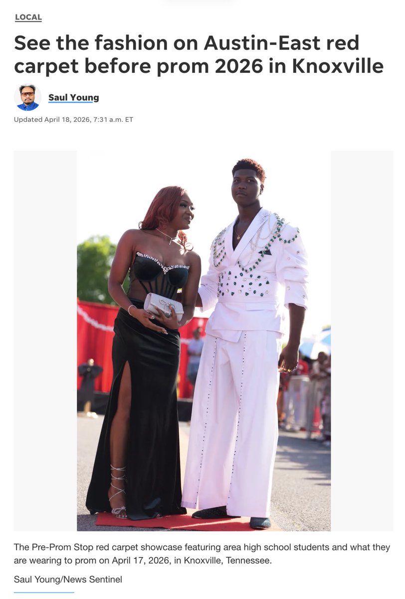 Congrats to Kalani Wilson, 2026 Senior Fashion Icon Award winner! He showed out @AustinEastHS's Prom Red Carpet in Knoxville with self-created attire that earned the cover of the @knoxnews. This fall he'll Congrats to Kalani Wilson, 2026 Senior Fashion Icon Award winner! He showed out @AustinEastHS's Prom Red Carpet in Knoxville with self-created attire that earned the cover of the @knoxnews. This fall he'll