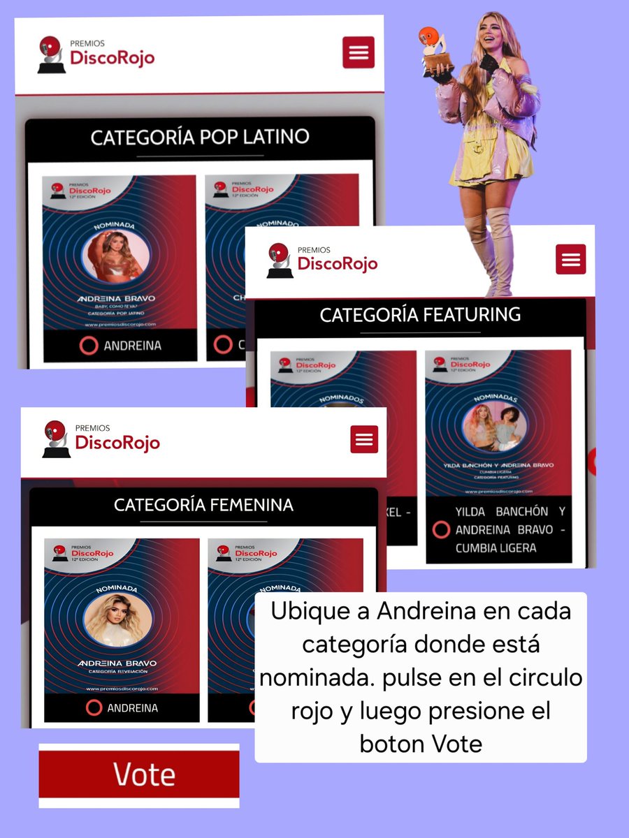 Recuerda votar todos los dias por #AndreinaBravo en <a href="/PremioDiscoRojo/">PremiosDisco Rojo</a>. Ingresa al link y vota en las siguientes categorías:
- Mejor Featuring 
- Pop Latino 
- Artista Femenina 

🔗 premiosdiscorojo.com

Indicaciones en la imagen 
Gracias por el apoyo 💜💜💜
