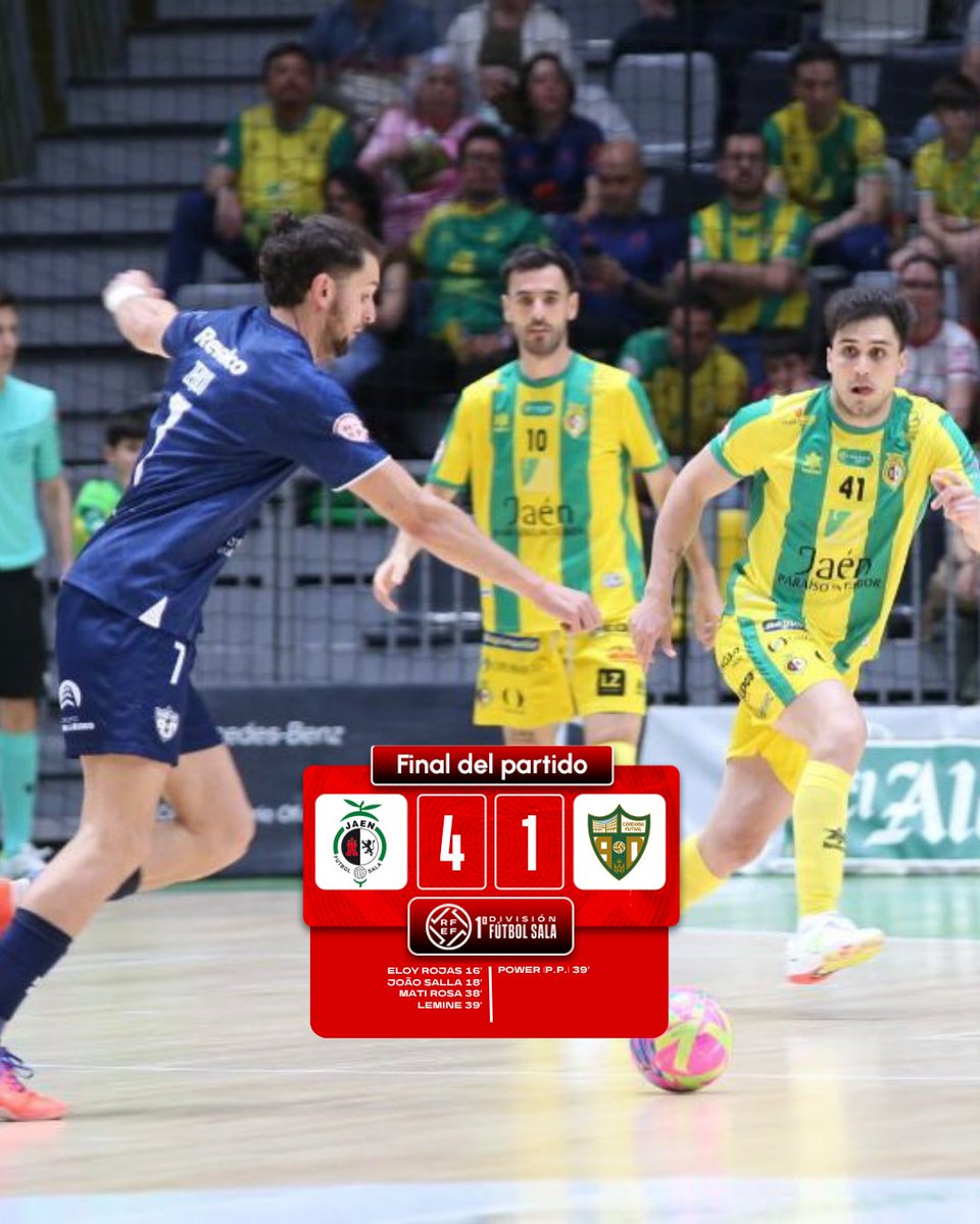 FutSalRFEF's tweet image. 𝗝𝗼𝗿𝗻𝗮𝗱𝗮 𝟮𝟱 #PrimeraDivisiónFS | ¡Final del partido!

🔚 @JaenFS 4-1 @CordobaFutsal. 

#FutsalRFEF | #JaénCórdoba.