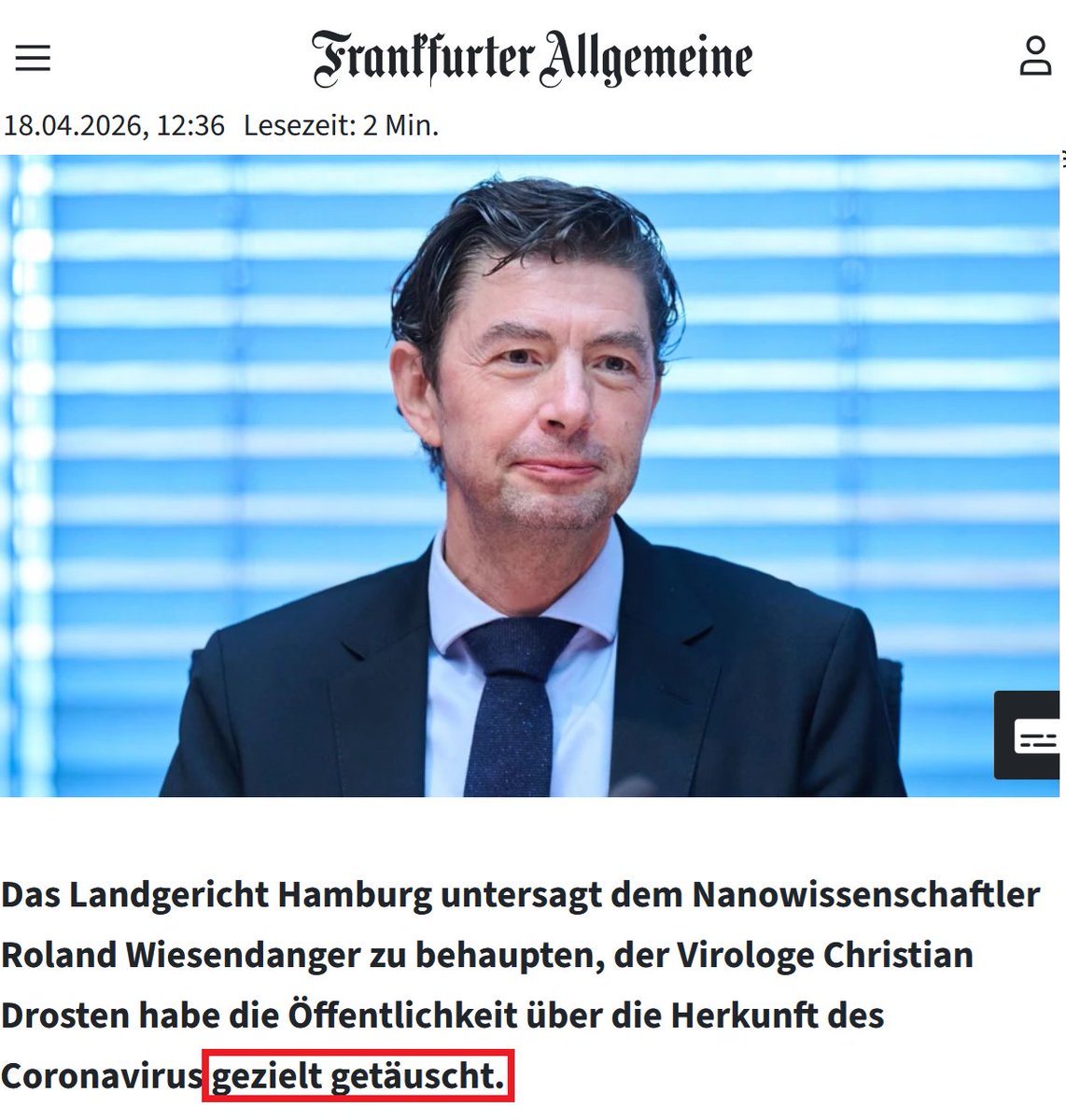 SHomburg's tweet image. Das Urteil beruht auf dem einen Wort „gezielt”, da das Gericht es aus unerfindlichen Grünen für möglich hielt, Drosten haben vom Laborursprung nichts gewusst und tatsächlich an eine „Fledermaussuppe” geglaubt.

Hintergrund: Merkel wurde unstreitig schon 2020 vom BND informiert.