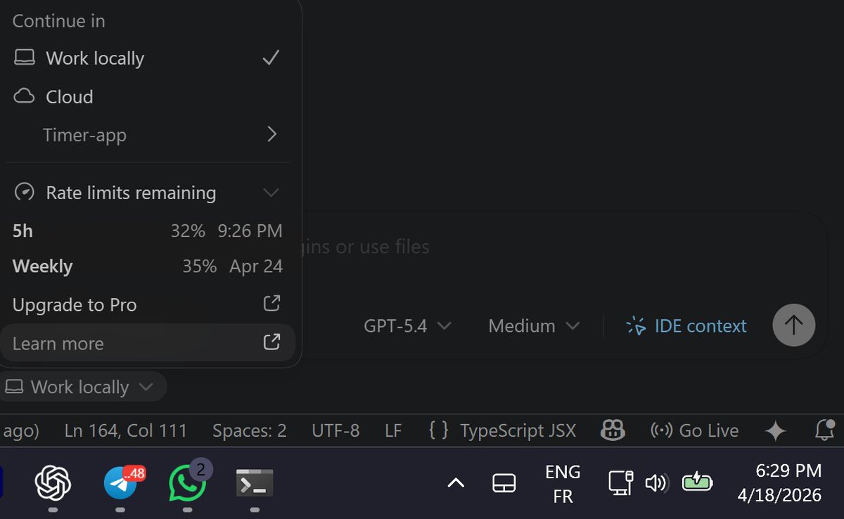ALI_Ouala's tweet image. tbh i'm very disappointed , because codex rate limits for plus subs are so low to the point that i'm thinking about switching to claude, so now i'm obligated to subscribe to the 100$ plan so i can get enough usage. 
sadly 

#codex #rate_limits #agents #code #coding