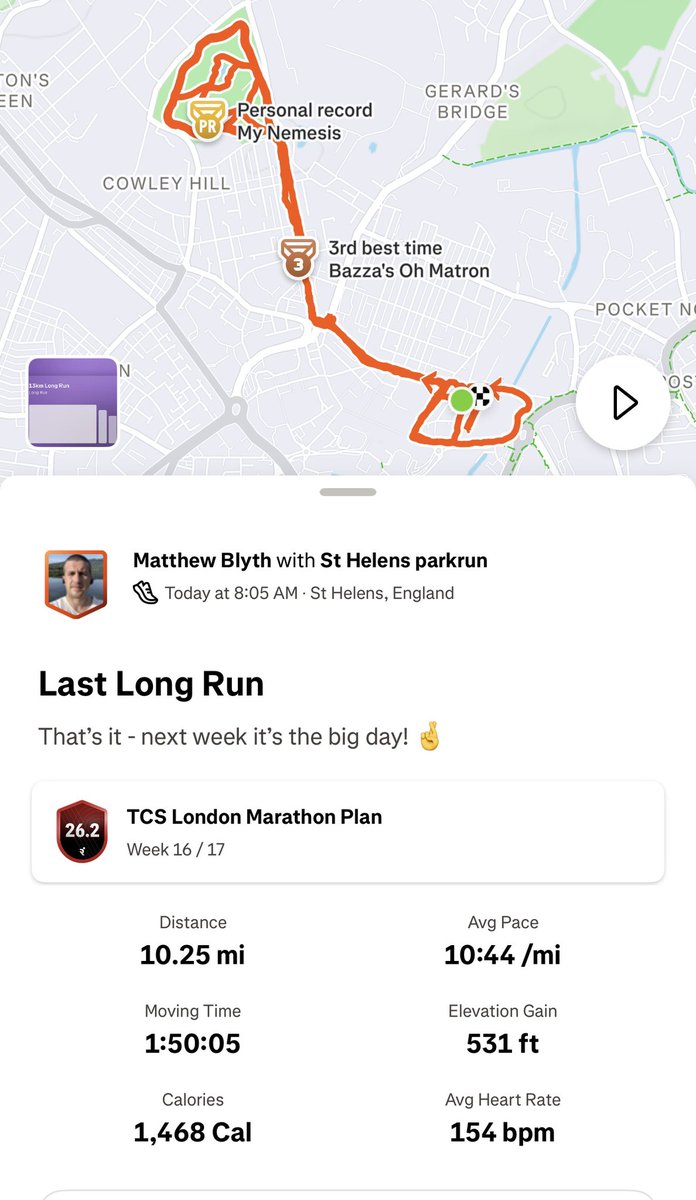 Running into the last week of @londonmarathon training at St Helens parkrun and we got this!

This year we are raising money for Anthony Nolan. If you can please donate via the link below and I would be super thankful! 💚💚💚
 
2026tcslondonmarathon.enthuse.com/pf/matthew-bly…