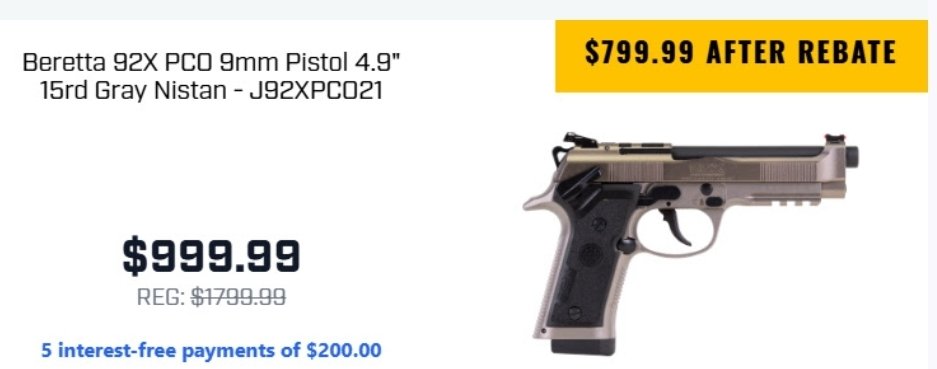 AKballistics's tweet image. ⭐️🔥➡️ alnk.to/9mso8FC
Beretta 92 PCO just $799.99 after manufacturer's rebate! 
Affiliate Link 🔥⭐️
#9mm #GunDeals #Firearms #2AShallNotBeInfringed @palmettoarmory