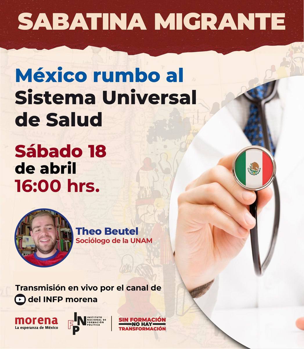 No te pierdas hoy la Sabatina Migrante con el tema: México rumbo al sistema nacional de salud. 
🌎 Con  Theo Beutel @<a href="/TheoBeutel2/">Theo Beutel</a>
Sociólogo de la UNAM e IMSS bienestar. 

Canal de Youtube:
youtube.com/@infpmorena?si…