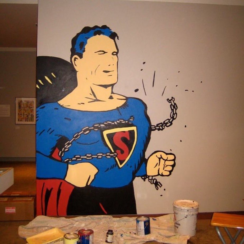 cartoonart's tweet image. Happy Superman Day! Here’s a 10-foot-high portrait of the Man of Steel by co-creator Joe Shuster reproduced by CAM curator Andrew Farago for our 2013 exhibition ‘Superman: A 75th Anniversary Celebration.' #supermanday #mural #joeshuster #superhero #dccomics #artmuseum