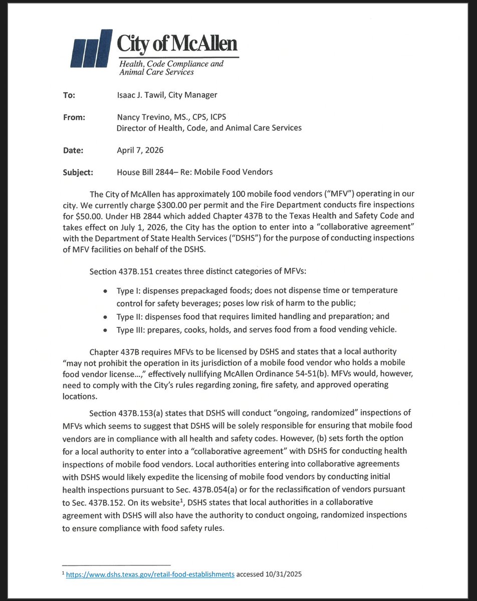 dmhj's tweet image. The @CityofMcAllen may partner with the state to inspect food trucks #rgv