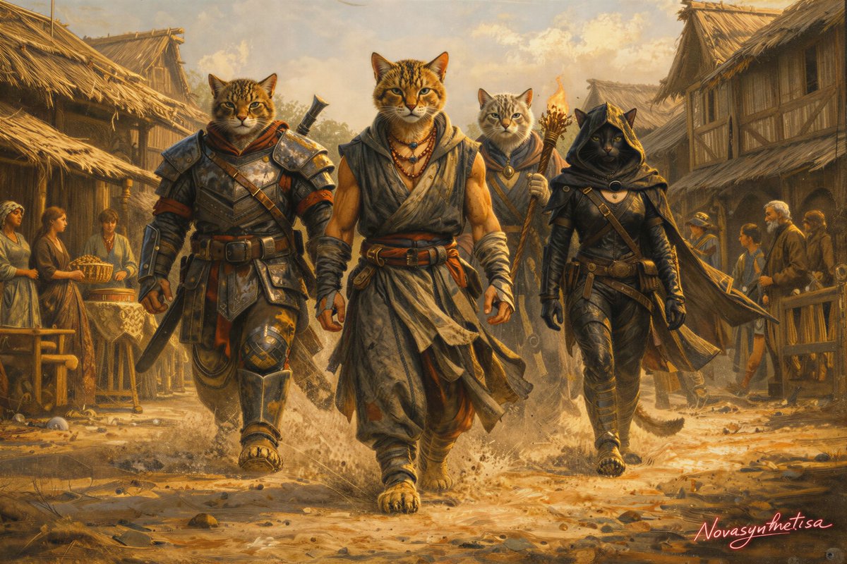 BriFelk's tweet image. The Tabaxi have arrived to save the town. 
#caturday #AIart #DandD #DungeonsandDragons