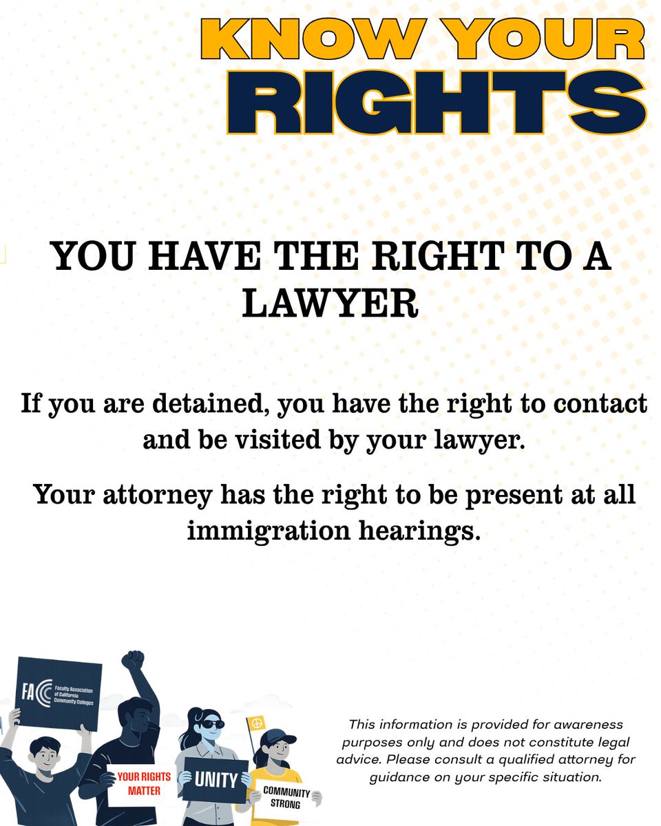 FACCC's tweet image. Know your rights. Stay protected.
If you are approached or detained, what you do next matters. You have the right to remain silent and the right to a lawyer.

See below to learn about your rights, options, and important reminders.

#KnowYourRights #ImmigrantRights #SafeCampuses