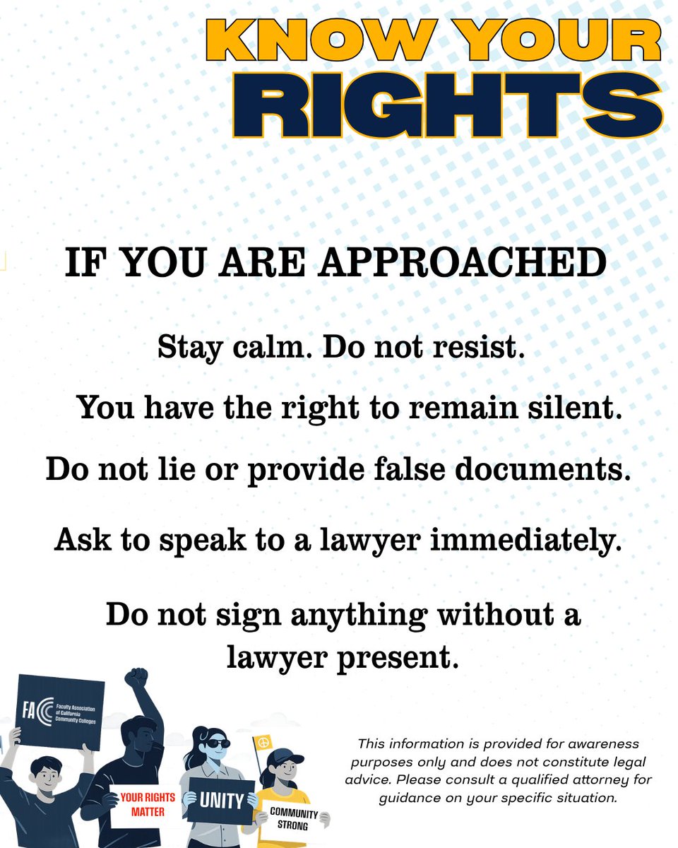 FACCC's tweet image. Know your rights. Stay protected.
If you are approached or detained, what you do next matters. You have the right to remain silent and the right to a lawyer.

See below to learn about your rights, options, and important reminders.

#KnowYourRights #ImmigrantRights #SafeCampuses
