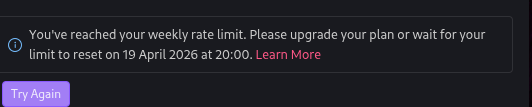 GitHub Copilot rate limit notification showing weekly limit reached with reset date of 19 April 2026