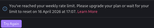GitHub Copilot rate limit notification showing earlier weekly limit with reset date of 16 April 2026