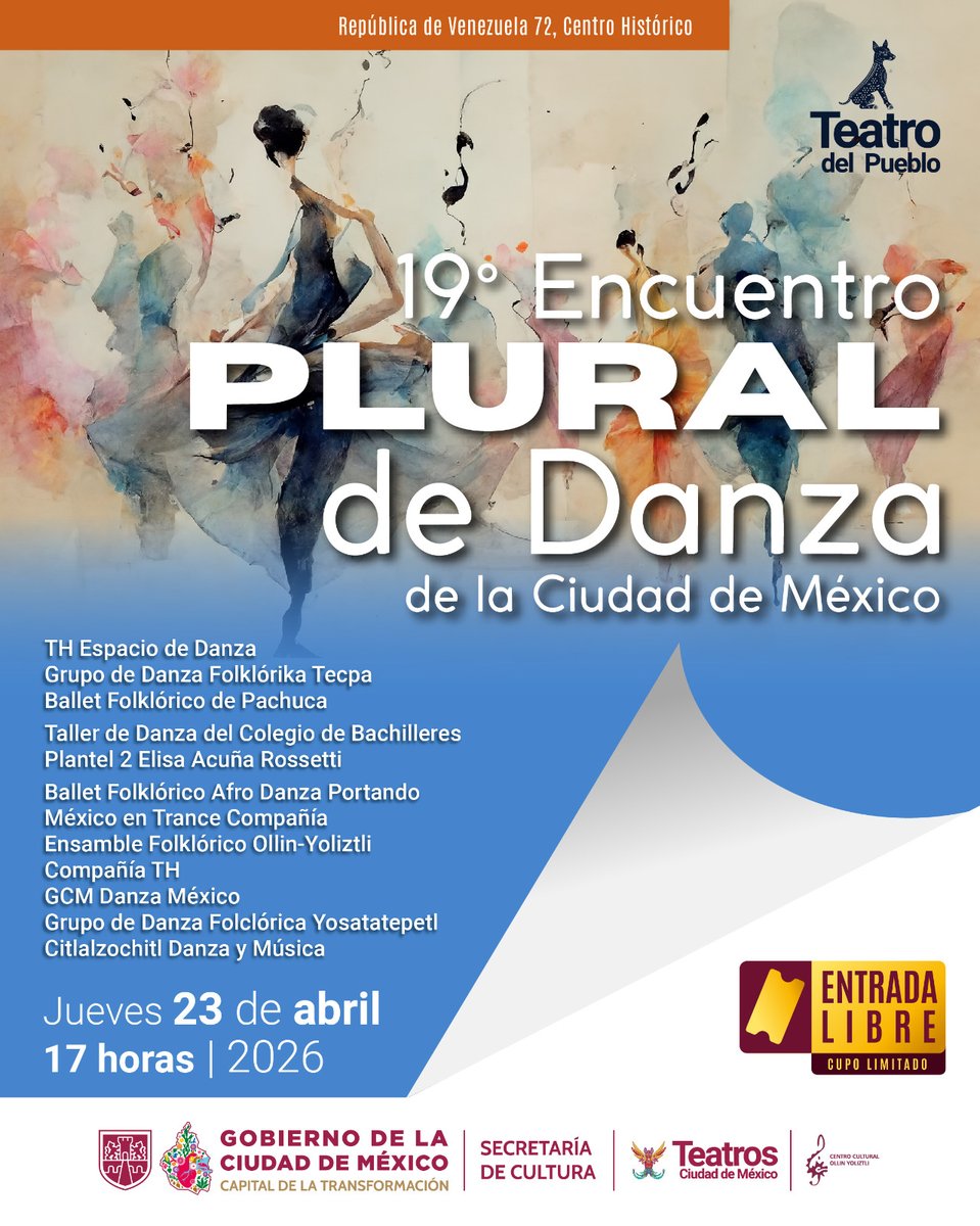 TeatrosCDMX's tweet photo. 💫La danza toma la ciudad
Del 21 al 23 de abril, el 19° Encuentro Plural de Danza llega al Teatro de la Ciudad Esperanza Iris, Sergio Magaña y Teatro del Pueblo con propuestas que celebran la diversidad del movimiento.
🔥 ENTRADA LIBRE https://t.co/Ktl2uZz8wq