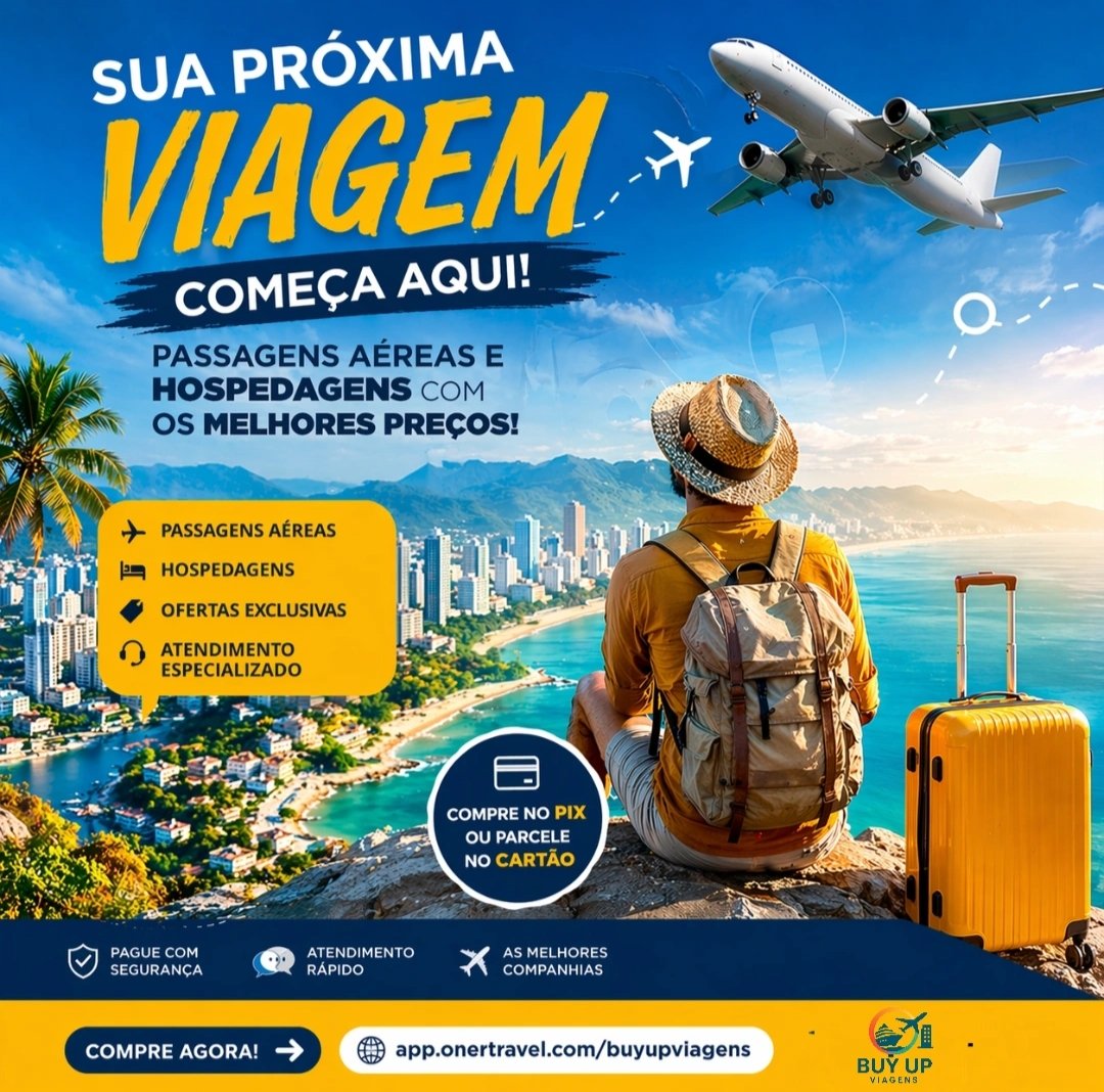 ✈️Quer #viajar pagando barato? Agora você pode pesquisar e comprar #passagensaéreas e #hospedagens com os melhores preços, de forma rápida e segura 🔥
👉 Acesse agora:
app.onertravel.com/buyupviagens
💳 Compre no Pix ou parcele no cartão
🤝 E se precisar, conte com nosso suporte.