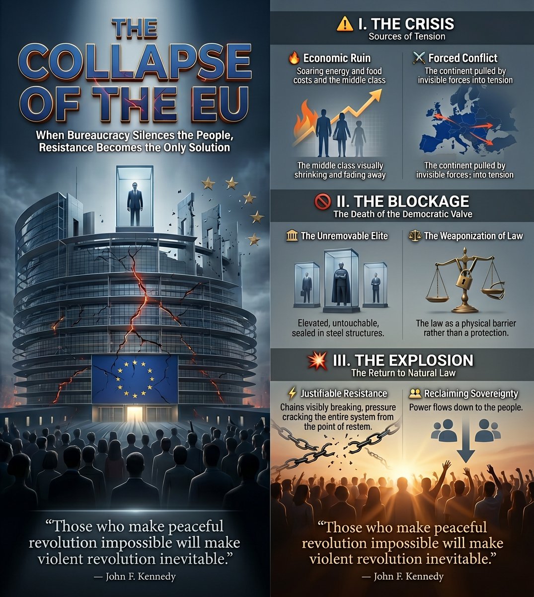 SpeakTruthCo's tweet image. 💥The Collapse of EU🇪🇺
👊😡👊
“Those who make peaceful revolution impossible
will make violent revolution inevitable.”
— John F. Kennedy

#EU #revolution