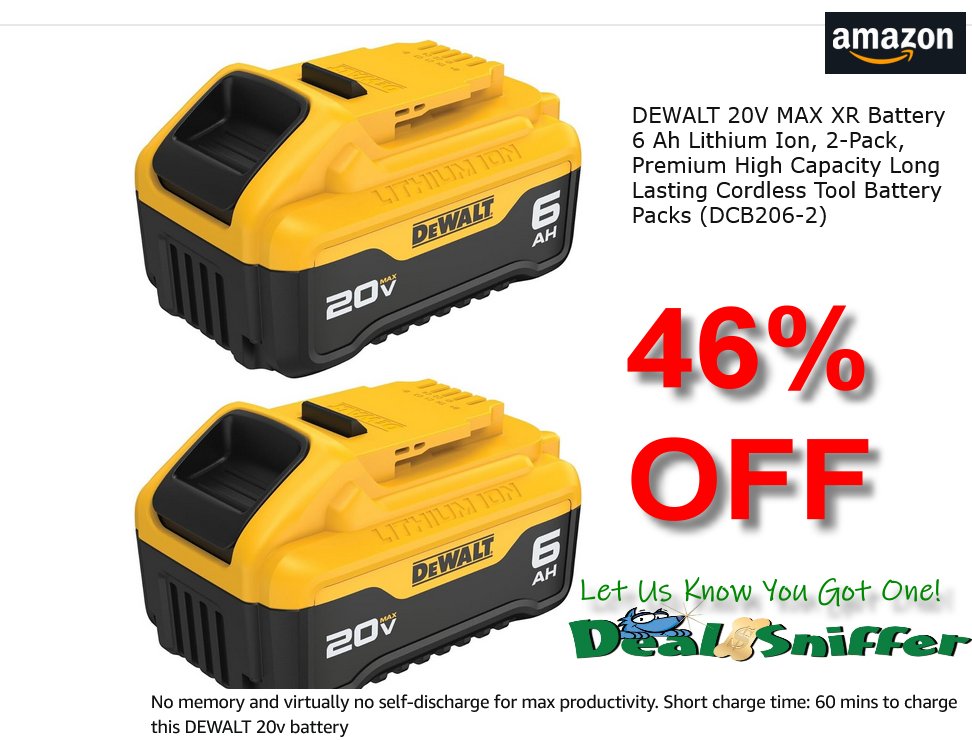 dealsniffer's tweet image. 🚨 46% OFF DEWALT 20V MAX XR Battery 6 Ah Lithium Ion, 2-Pack 🔋
✂️ coupon 💵
amzn.to/4eAZJ3k 🔗
#dewalt #dewalttools #Tools #cordlesstools #cordless #workshop #garage #amazon