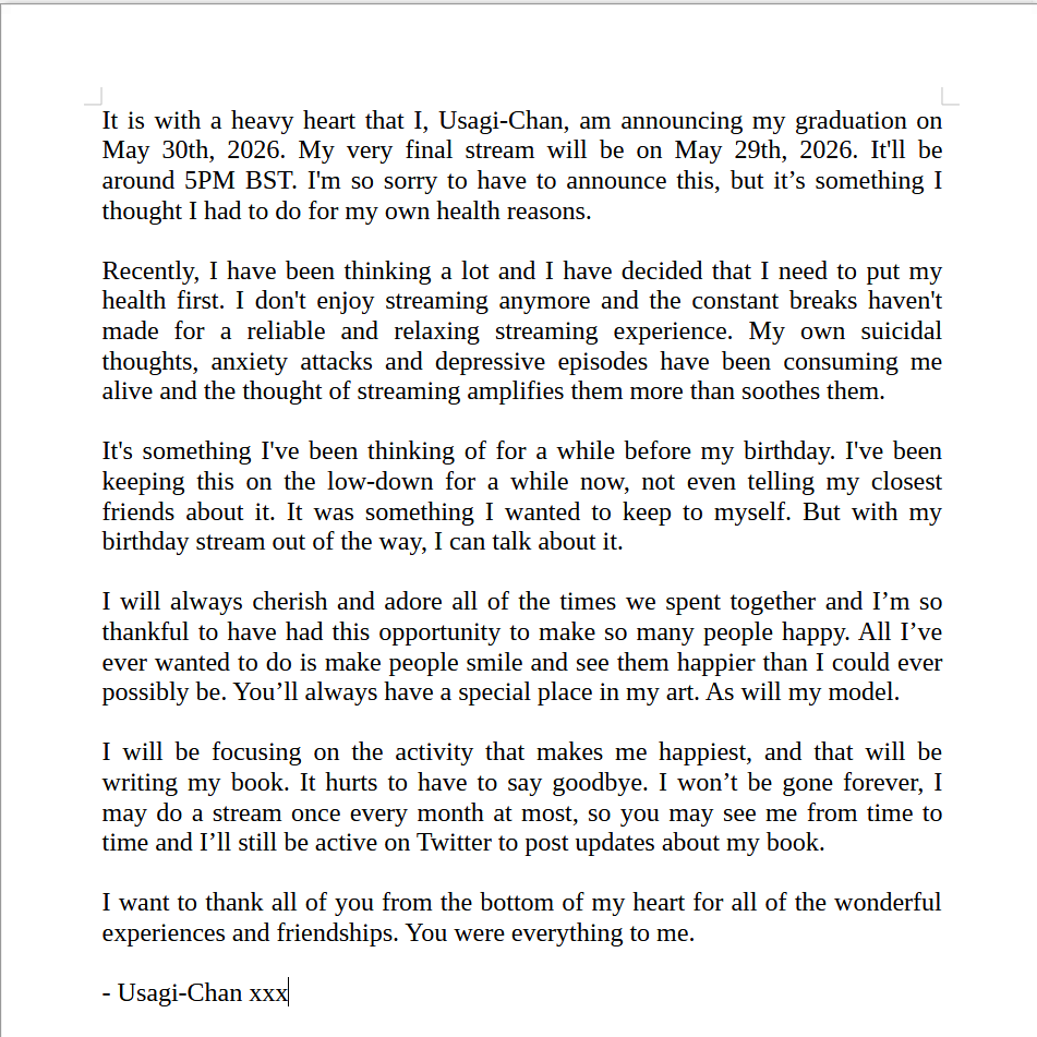 UsagiChan112's tweet photo. I cried while writing this. Thank you all so much for everything. https://t.co/Tye62y8NR6
