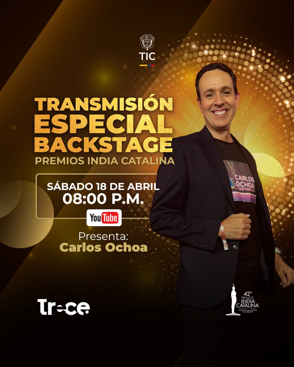 CanalTreceCO's tweet image. 🎬✨ Transmisión Especial: Backstage Premios India Catalina
📅 Sábado 18 de abril
🕗 8:00 p.m.

🎙️ Presentan: Carlos Ochoa @carlosochoatv y Manelyk González @manelyk_oficial
📺 No te lo pierdas por Canal Trece

#PremiosIndiaCatalina #Backstage #CanalTrece