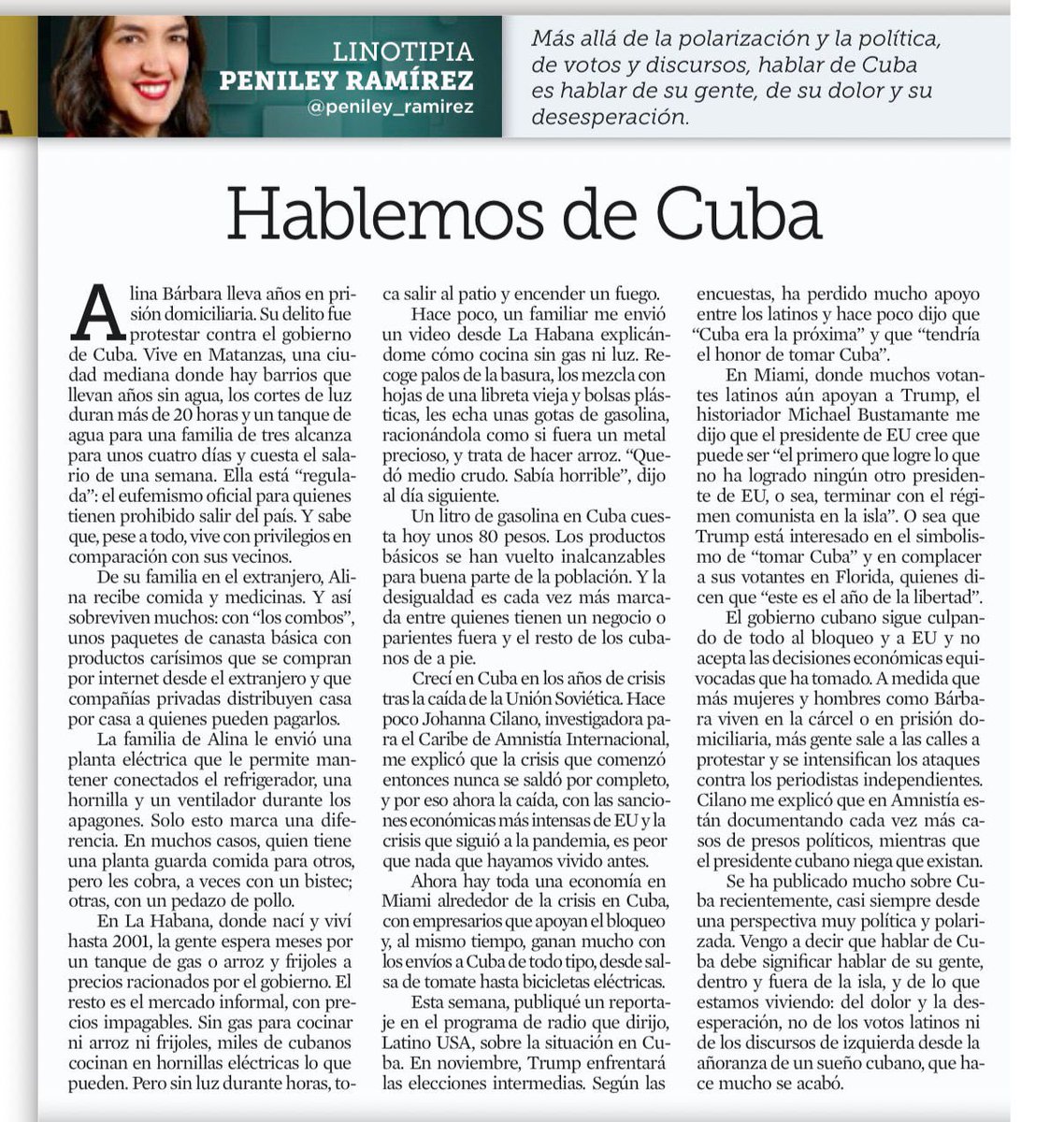 CilanoJohanna's tweet photo. “Vengo a decir que hablar de Cuba 🇨🇺 debe significar hablar de su gente, dentro y fuera de la isla, y de lo que estamos viviendo: del dolor y la desesperación, no de los votos latinos ni de los discursos de izquierda desde la añoranza de un sueño cubano, que hace mucho se acabó.” 

Siempre hay que leer a mi querida  @peniley_ramirez