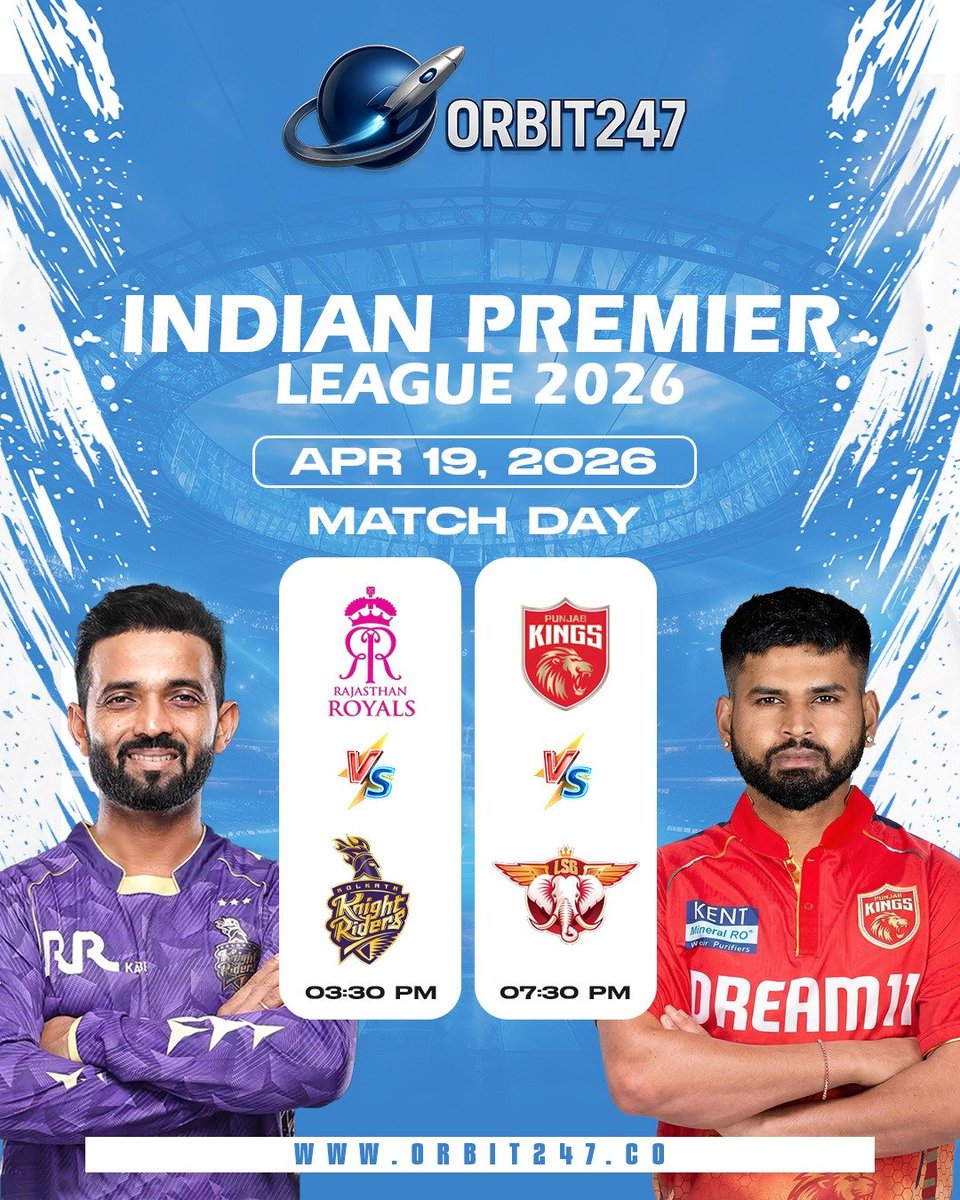 Orbitt247's tweet image. 🏏 Game Day Fever is On!
Get ready for thrilling clashes in the Indian Premier League 2026!

🗓 Apr 19, 2026
⏰ 03:30 PM | 07:30 PM
Double the matches, double the excitement!

#IPL2026 #CricketFever #MatchDay #GameOn #T20Cricket #CricketFans #SportsVibes