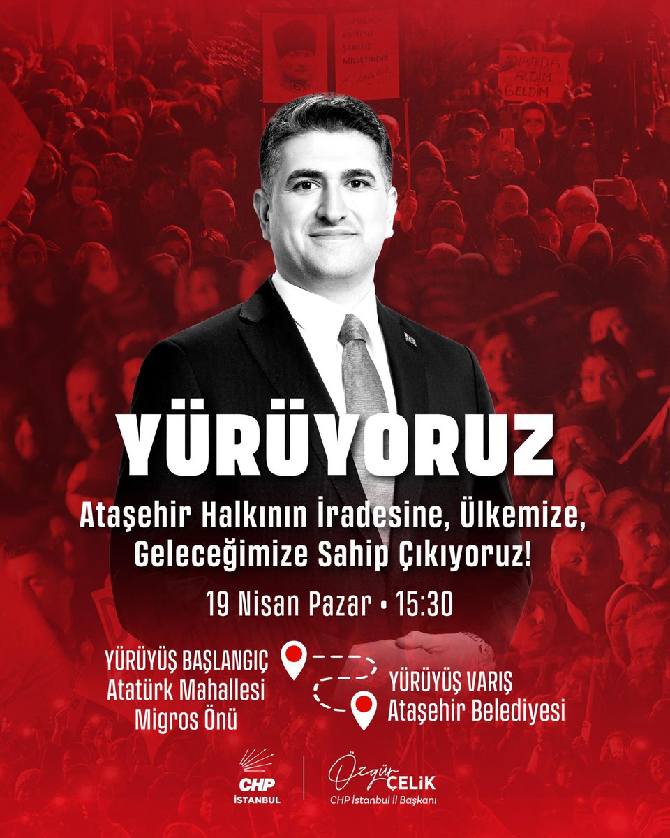 600 günde 100 projeyi hayata geçiren Onursal Başkanımızın yanındayız.

İrademize, ülkemize, geleceğimize 
SAHİP ÇIKMAK İÇİN YÜRÜYORUZ! 

🗓️ 19 Nisan, Pazar 
⏰ 15.30