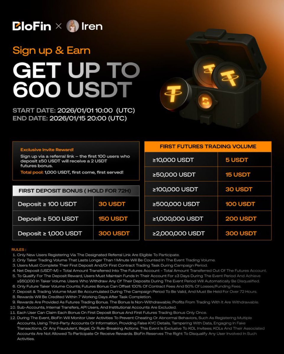 🚀 #BloFin just launched a powerful event for new users
You can get up to 600 USDT in bonuses 💰

✔️ Deposit
✔️ Futures trading volume
✔️ Fully official

Starts January 1
👉 Join here: partner.blofin.com/d/Iren
Don’t miss it 🎯

#HappyNewYear2026
#CryptoSafety #CryptoGiveaway