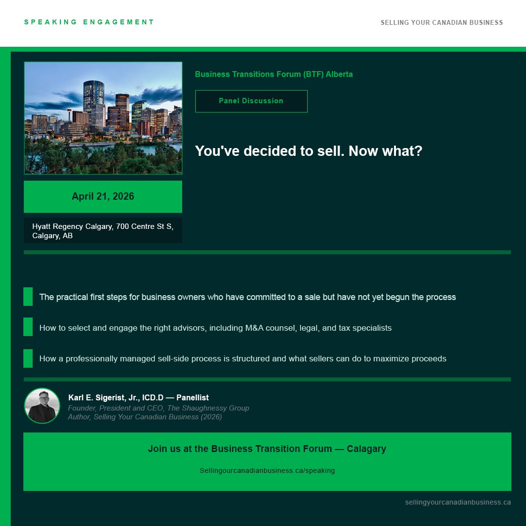 shaughnessygrp's tweet image. BTF Alberta | April 21, 2026 — You've decided to sell. Now what?

🔗 sellingyourcanadianbusiness.ca/speaking

#BTFAlberta #BusinessTransitionsForum #Calgary #SellingYourCanadianBusiness #ExitPlanning #CanadianMA