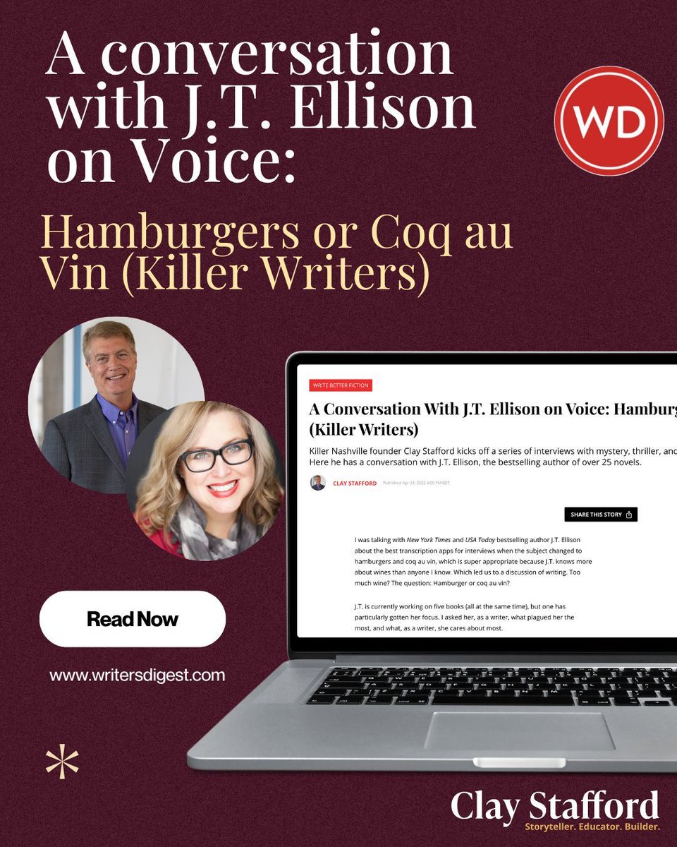 ClayStafford's tweet image. "Readers want the same story, only different." Read my entire article with J.T. Ellison buff.ly/xqQE4No 

#authortalks #writingtips #amwriting