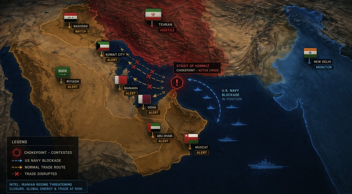 USronaldcarter's tweet photo. 🚨 STRAIT OF HORMUZ — SATURDAY APRIL 18 UPDATE:

🇮🇷 Iranian ports — BLOCKADED by US Navy. 21 ships turned back since Monday.
🇮🇶 Basra crude exports — RESTRICTED. Iraqi supertanker turned back this morning.
🇦🇪 Dubai/Fujairah — "partial ops" — tankers loitering short of crossing. Don't be fooled.
🇧🇭 Bahrain — RESTRICTED. Port call volume down 60% from February.
🇰🇼 Kuwait terminals — RESTRICTED. Loadings delayed indefinitely.
🇸🇦 Ras Tanura — OPERATIONAL but insurance rates up 400%. Shippers refusing cargo.
🇶🇦 Ras Laffan LNG — RESTRICTED. Qatar's 77,000,000 ton/year export stream in limbo.
🇴🇲 Sohar — OVERWHELMED with rerouted cargo from the Gulf.
🇮🇳 Indian Navy — MOBILIZED. Two Indian-flagged vessels fired on today.

Maersk — Persian Gulf sailings cancelled through May 1.
MSC — Gulf region suspended indefinitely.
CMA CGM — Middle East routes suspended pending ceasefire outcome.
Hapag-Lloyd — still suspended.

Lloyd's of London — Gulf war-risk coverage PULLED Friday night.

The ceasefire expires Wednesday, April 22.

This is DAY 6 of the US blockade. DAY 1 of Iran's re-closure.

When this many ports and carriers pull out of a single waterway simultaneously, It's a collapse.

i'm sitting on something right now that's going to shake your timeline.. hit follow before i drop it.