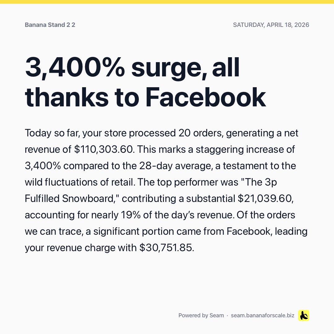 Percival's tweet image. Just submitted my second #shopify app. Gives you a short daily breakdown of what happened in your store yesterday. Including an unhinged mode. @ShopifyDevs