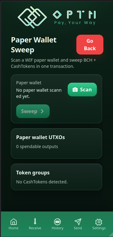 OPTNLabs's tweet photo. You asked, we listened. Paper Wallet sweeping has been ported from the custom transaction builder to its own dedicated add-on in the OPTN wallet ecosystem. We support bulk sweeping of $BCH, cashtokens and NFTs all at once.

Shoutout to @stevethurmond for @cashstamps paper wallets https://t.co/3CxJZIPPWr