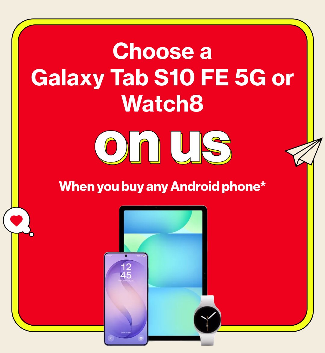New phone season just got better 👀 Grab any Android phone and choose a Galaxy Tab S10 FE 5G or Watch 8, on us.

Stop in to claim yours! #SamsungDeals #TechUpgrade #BeMobileVerizon