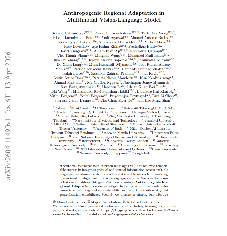 Front page of arXiv paper on Anthropogenic Regional Adaptation in Multimodal Vision-Language Model by Cahyawijaya et al. from SEACrowd, AI Singapore, Stanford, Brown, and 30 institutions