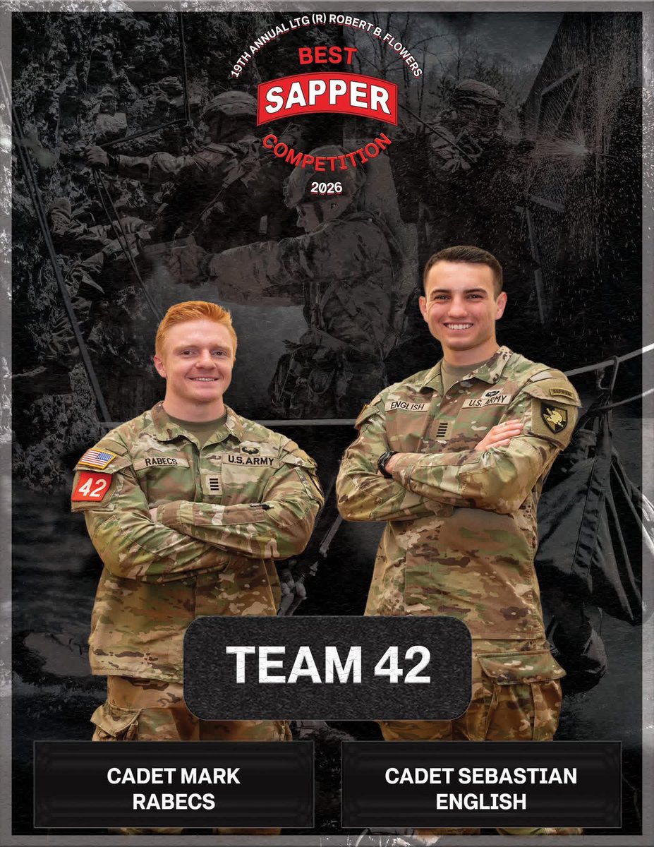 WestPoint_USMA's tweet image. Representing West Point at the U.S. Army’s #BestSapper Competition—Team 42.

Cadet Mark Rabecs and Cadet Sebastian English will take on a competition designed to test technical expertise, physical endurance, and mental fortitude.

Join us in cheering them on! 💪🏼